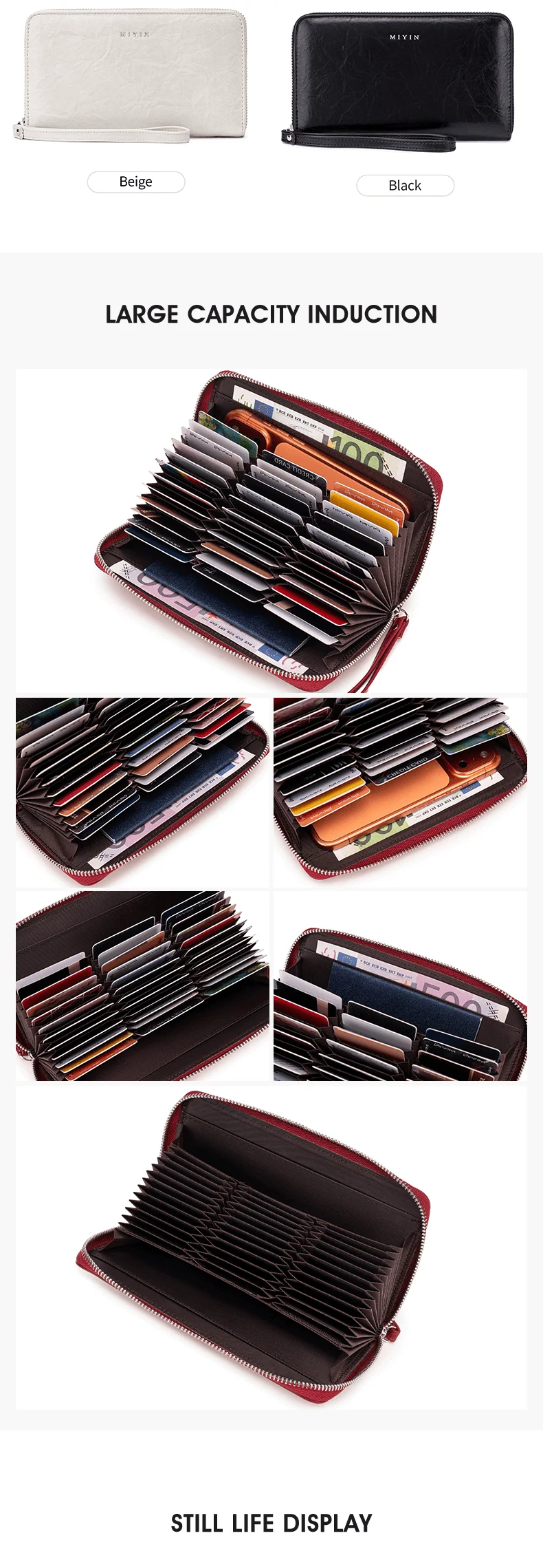 RFID-Diebstahlschutz Damen-Clutch-Tasche Retro Multi-Kartenfach Akkordeon-Geldbörse Einfarbig Große Kapazität Reißverschluss-Kartenhalter – Detail 3
