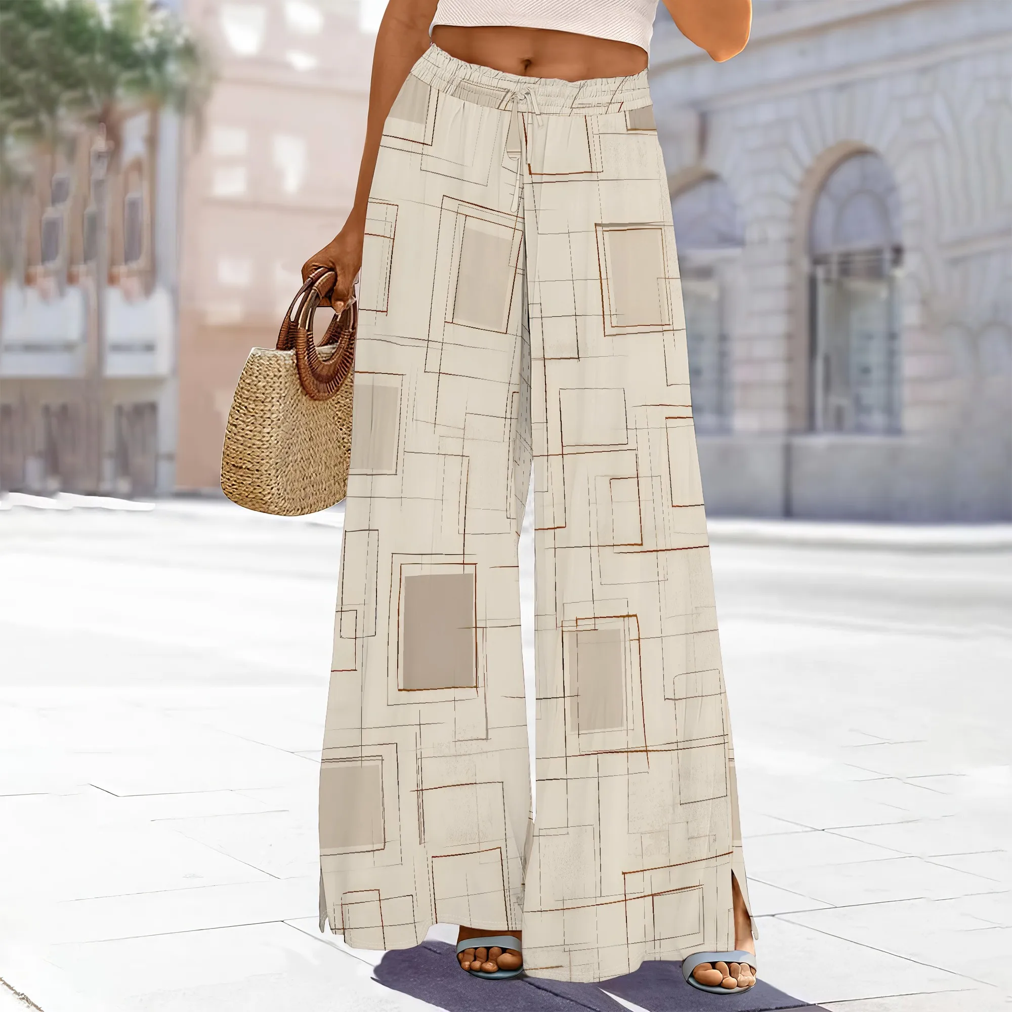 

Women's High-Waisted Floral Print Wide-Leg Pants Elastic Waist Pockets Back Slit Polyester Office Modern