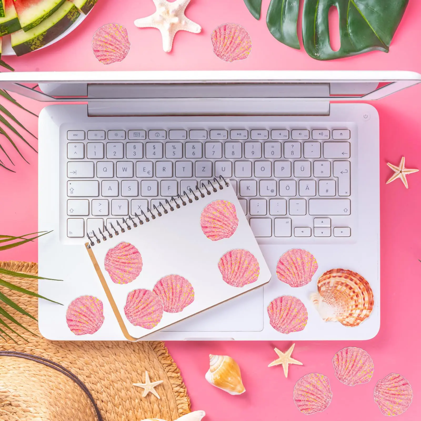 500 Pcs Summer Seashell Stickers Roll Holographic Seal Stickers Glitter Pink Sea Shell Sparkly Self-Adhesive Decals for Birthday view 5