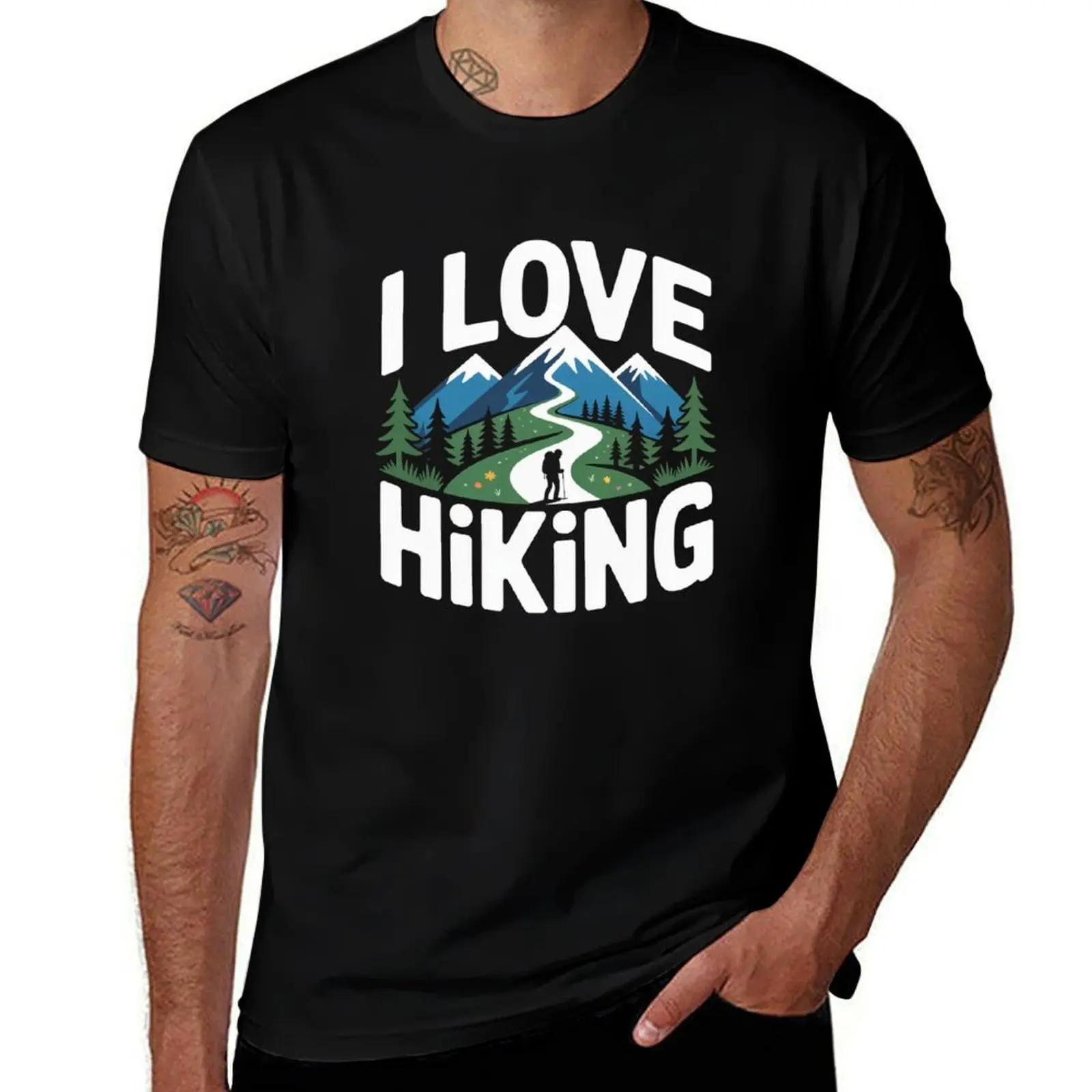 

I Love Hiking Mountain Adventure Nature Trail T-Shirt anime shirt cotton man t-shirts boys animal print Men's cotton t-shirt