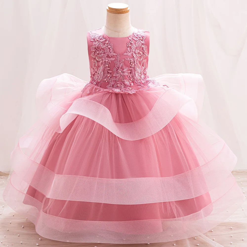 Girl's Beaded Applique Mesh Long Bow Sleeveless Puff Dress Christmas Carnival School Gathering Fashion Princess Dress