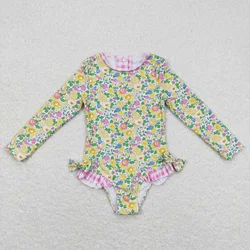 Wholesale Baby Girl One Piece Long Sleeves Swimming Suit Children Toddler Summer Inner Floral Ruffle Swimwear Infant Swimsuit