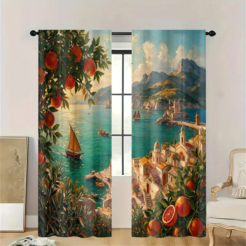 Vibrant Decorative Mediterranean Coastal Curtains Panel Italian Seaside View Orange Citrus Fruit Pattern Drapes for Living Room