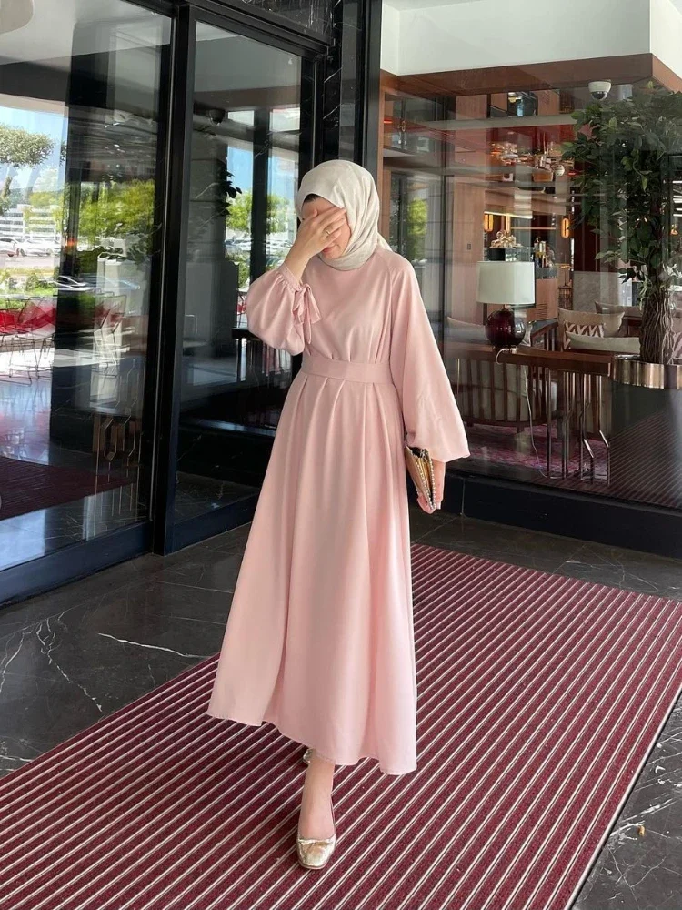 Vestido musulmán Eid para mujer Abaya Marruecos Ramadán con cordones Abayas Kaftan Islam manga acampanada sólido Dubai árabe modesto vestido largo