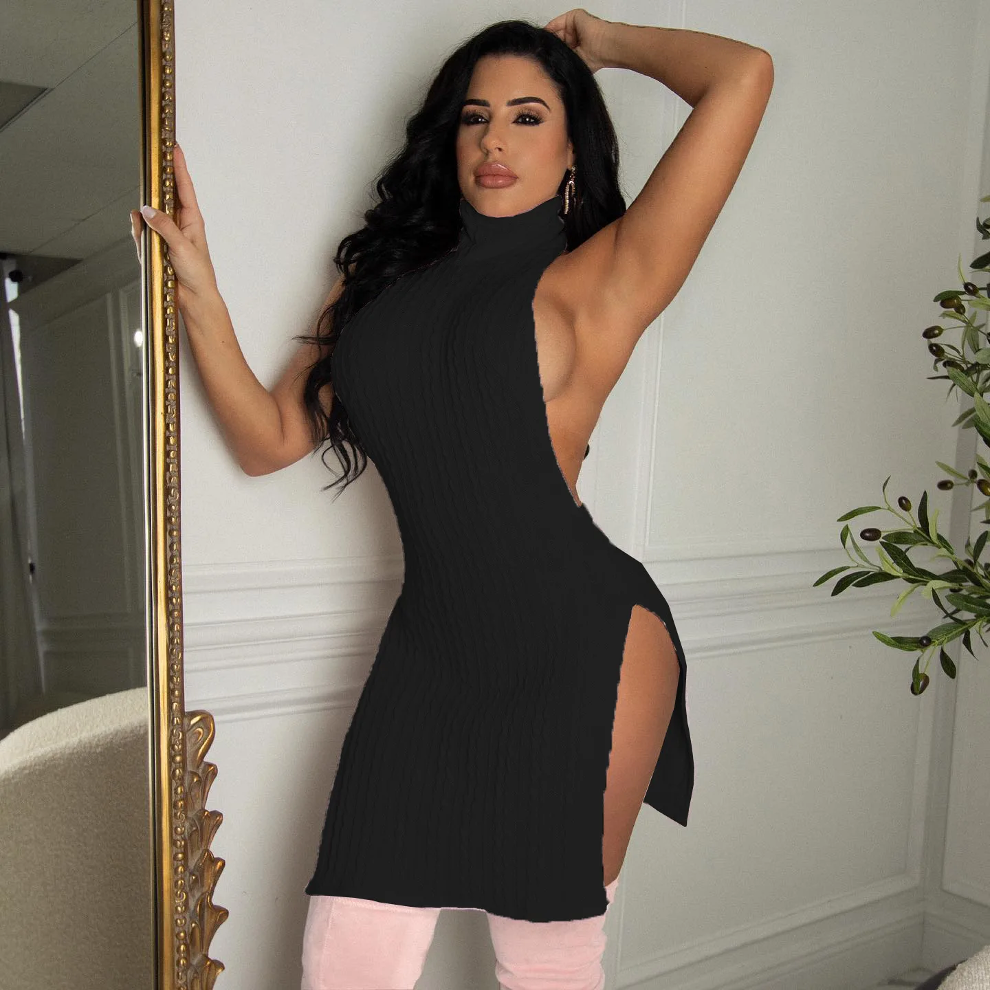 

Fashion Collection Summer 2024 Beautiful Women's High-necked Backless Split Knit Dress Women Nightclub Sexy Dress