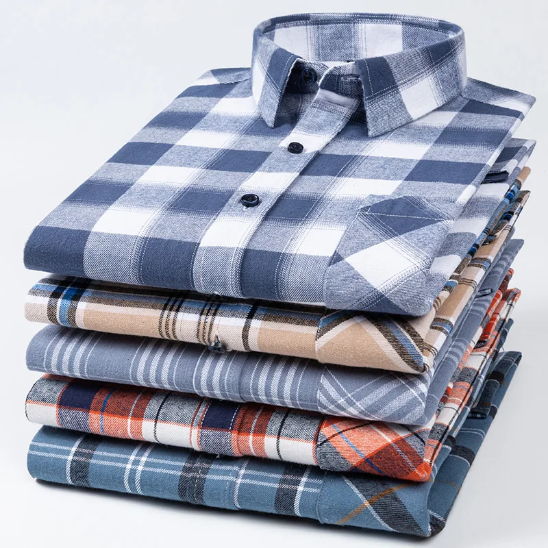 plus size Casual long-long-sleeve shirts for men soft plaid pocket shirt 100%cotton sanding vitage clothes social slim fit dress