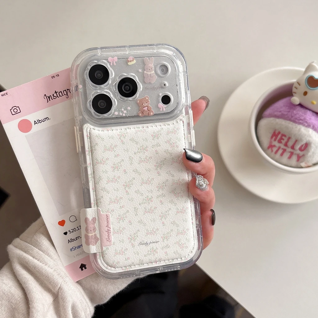 ins White Floral Little Bear Rabbit Leather Camera Lens Prot