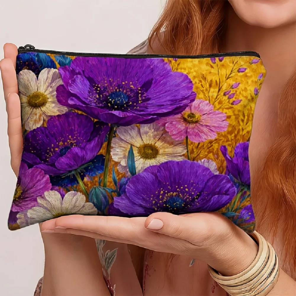 1 Piece of Stylish and Beautiful Purple Floral Pattern Makeup Bag - Multifunctional Zipper Pouch for Women, Perfect Travel Zipper Storage Bag, Fun Birthday Gift
