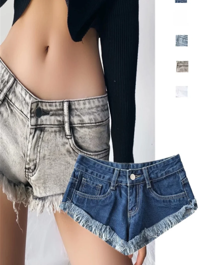 

Sexy Shorty Jeans High Street Style Worn Low Waist Butt Exposure Frayed Denim Shorts Trendy Hot Pants Straight Leg Light Color