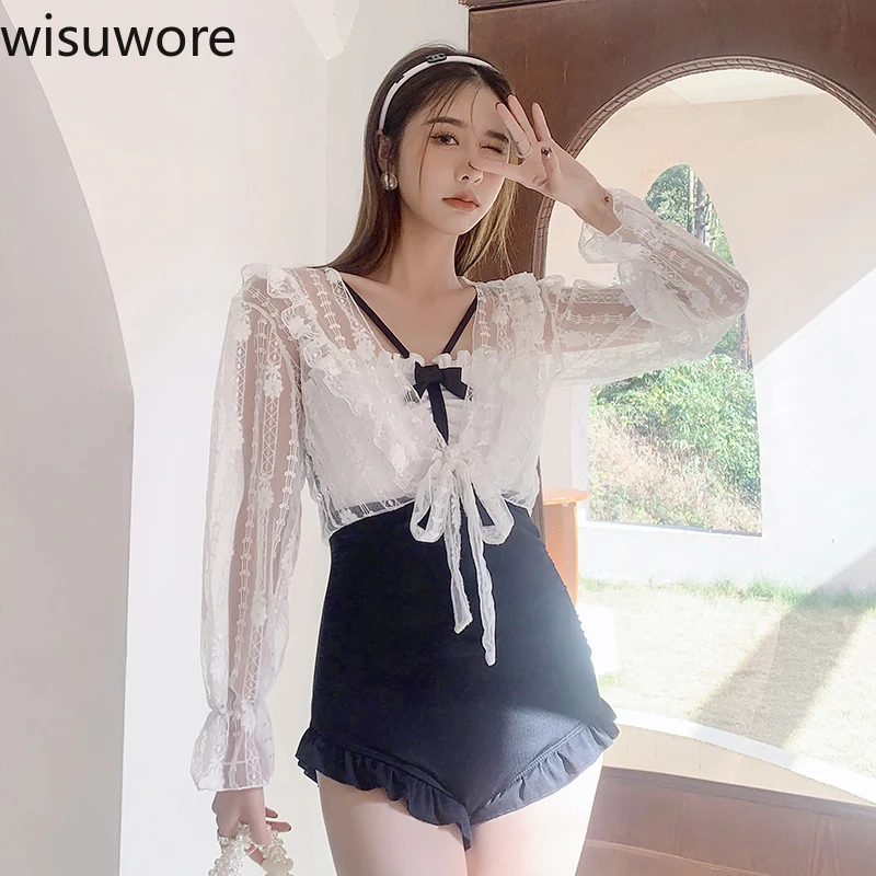 

Wisuwore Two Pieces Swimsuit Women 2023 Hollow Out Backless Lace Swimwear Mesh Long Shawl Push Up Bodysuit Beach Wear Tankini