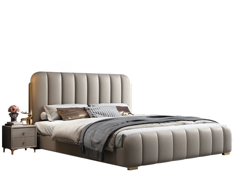 Modern minimalist leather headboard layer, cowhide master bedroom, large light luxury wedding bed, non-interference double bed