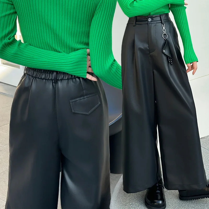 Женские кожаные брюки с высокой талией и драпировкой, повседневные утягивающие брюки