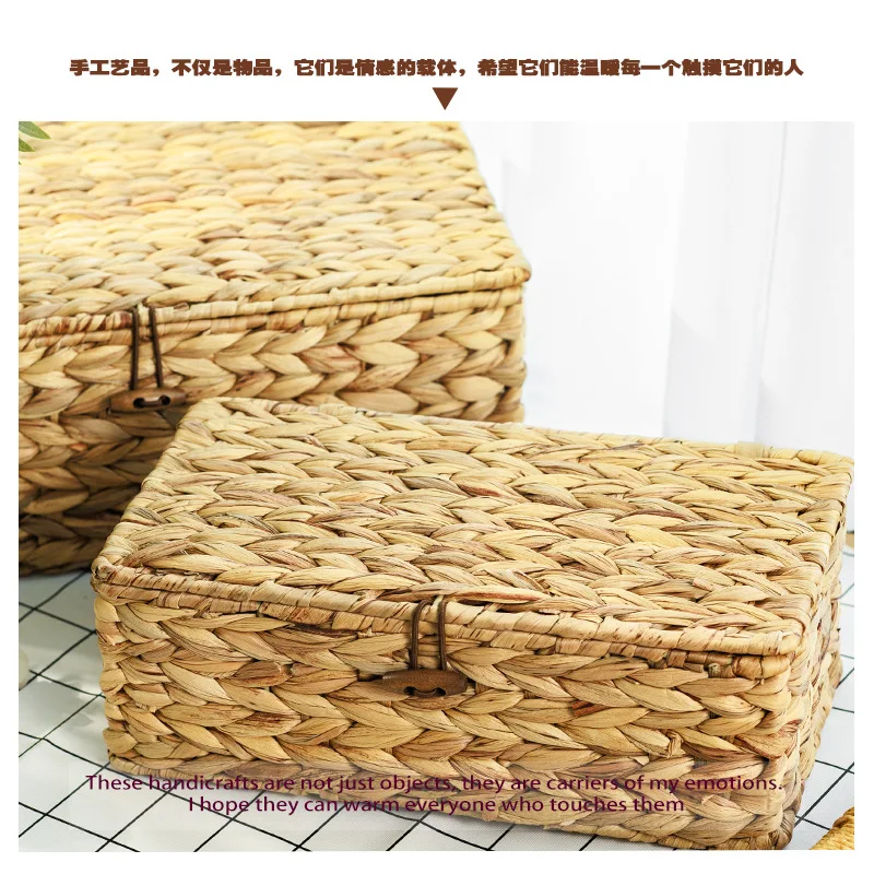

Desktop storage box, hand woven tea table miscellaneous snack storage basket, straw woven simple storage basket with lid