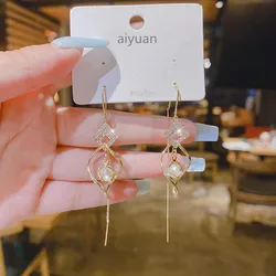 Luxury Double Geometric Rhinestone Hollow Pendant Tassel Earrings For Women Delicate Fashion Simple Metal Vintage Jewelry