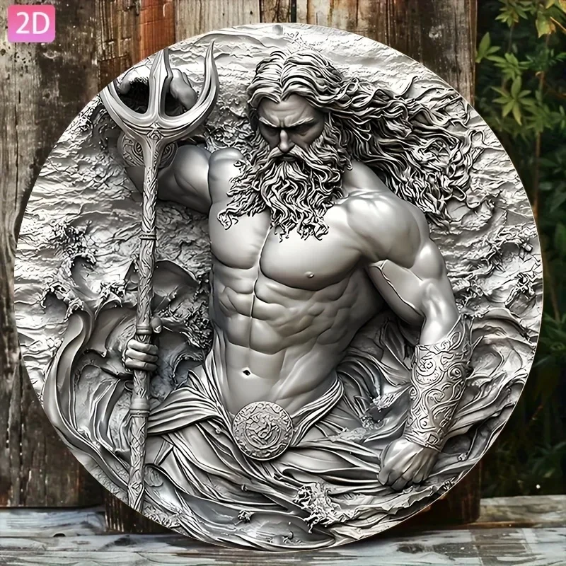 2D Flachdruck Poseidon Metallschild, Vintage Rundes Griechische Mythologie Gott des Meeres Wandkunst-Plakette, Retro Heimdekoration Blechschild