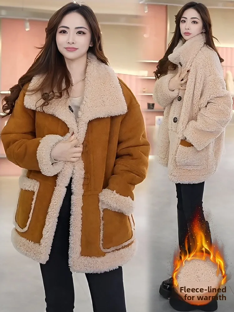 Double-Sided Wear Leather Fur Integrated Jacket Women's Lamb Fur Fleece Lined Thickened Warm Medium-Length Coat