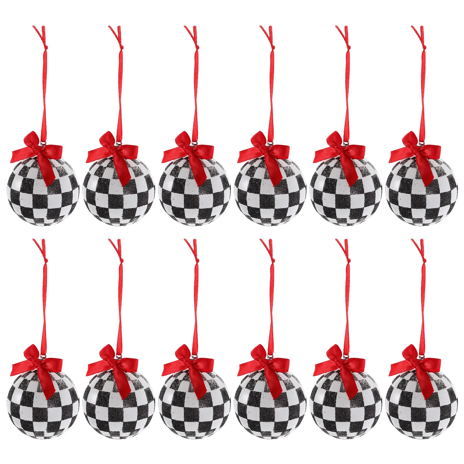

12Pcs Christmas Baubles Black White Checkered Glitter Ball Ornaments Hanging Decorations for Xmas Tree Holiday Decor
