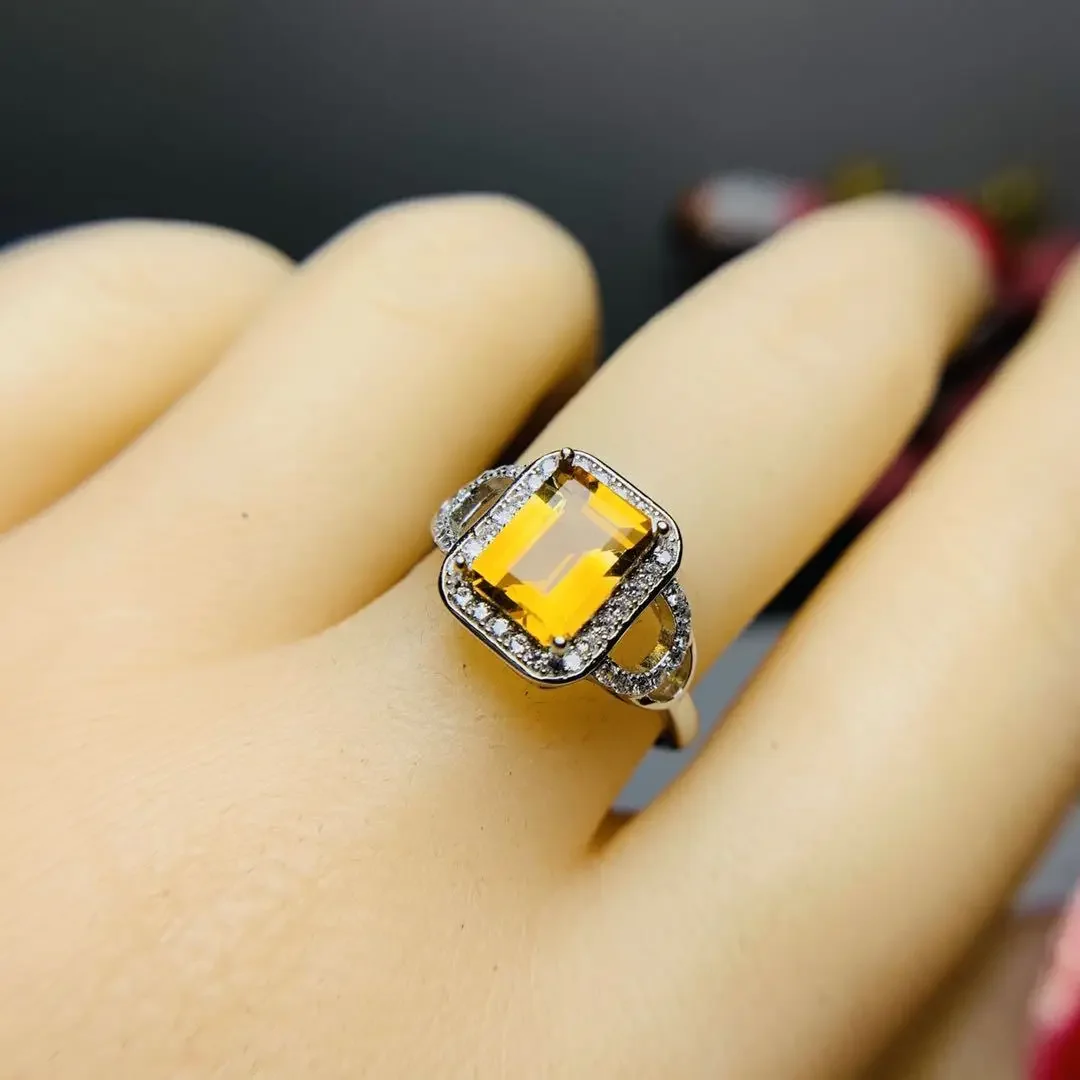 VVS Grade Natural Citrine Ring for Woman 6mm*8mm 1.2ct Citrine 925 Silver Ring 18K Gold Plating Crystal Jewelry