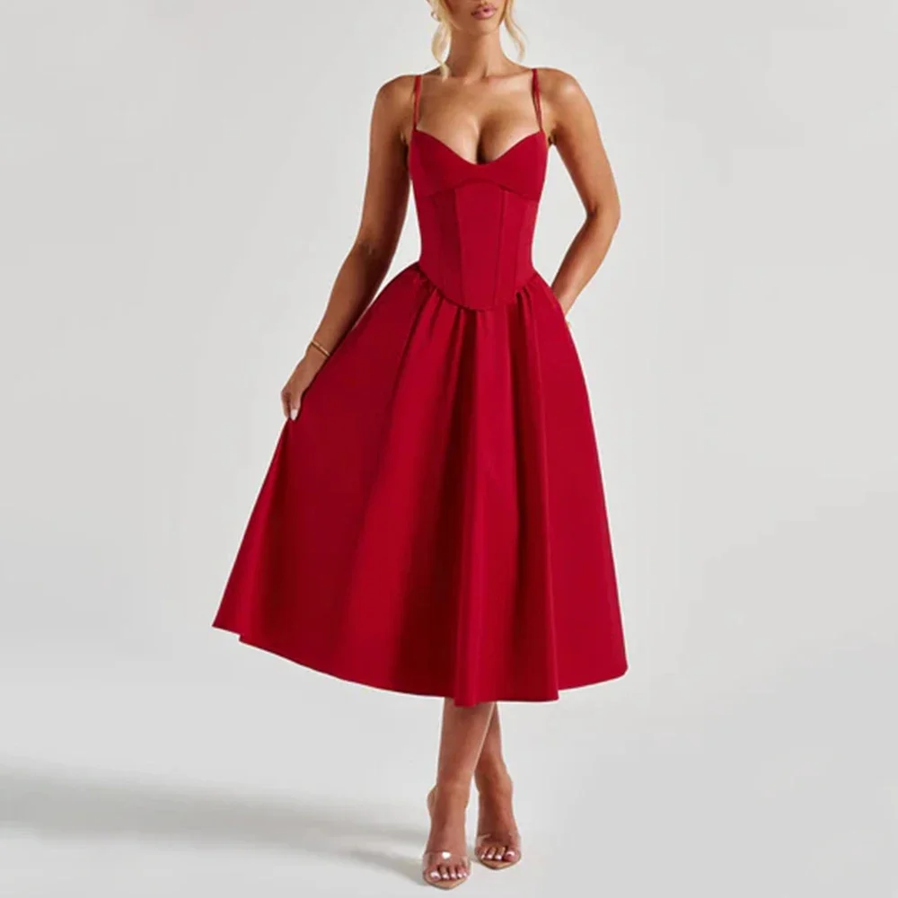 CPSYMYM ชุดเดรสฤดูใบไม้ผลิฤดูร้อน Simple Mature Vibe สีทึบ V คอ Midi Party Cami ชุดเดรสสําหรับสตรี