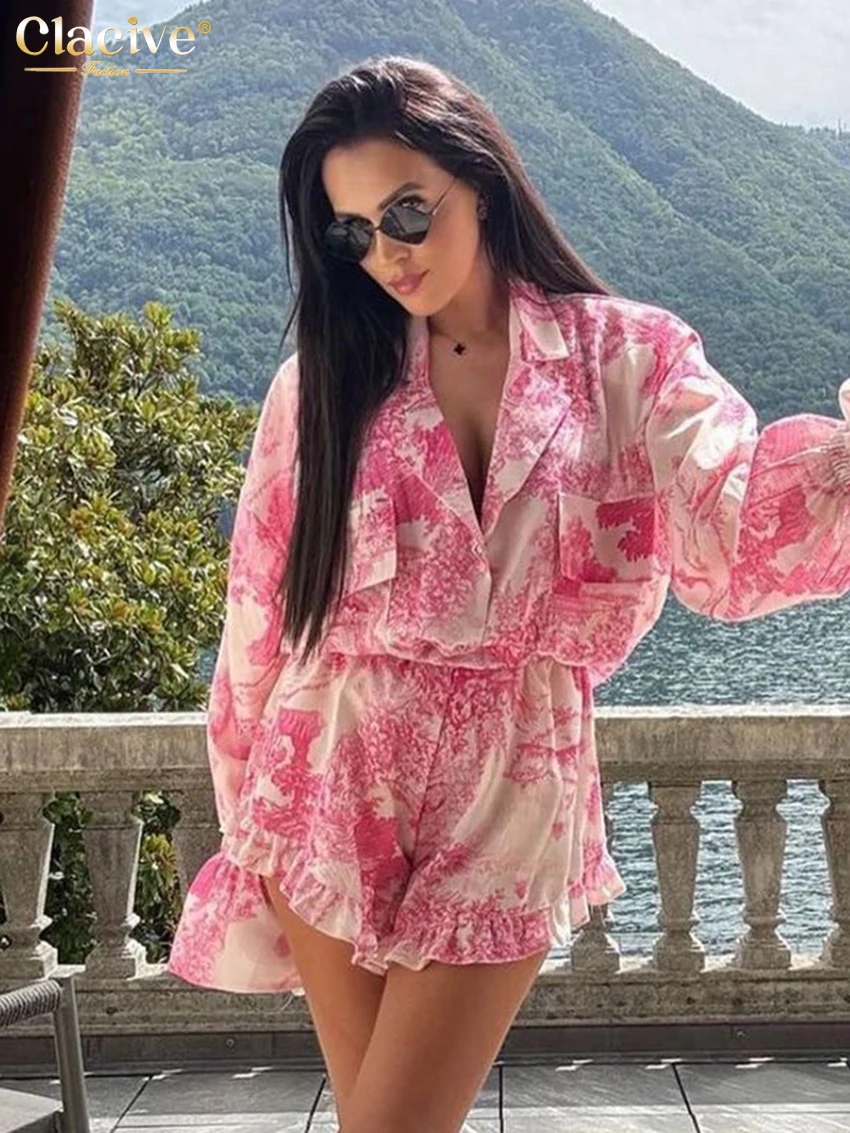 Clacive Fashion Loose Print Shorts Set For Women 2 Piece Elegant Long Sleeve Blouse With High Waist Ruffle Shorts Set Streetwear