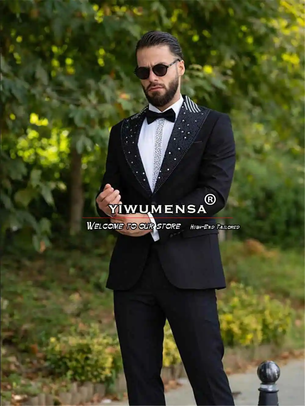 Black Mens Suits For Wedding Crystals Beaded Groom Tuxedos Customized 2 PCS Man Busienss Office Blazer Traje Formal Para Hombre