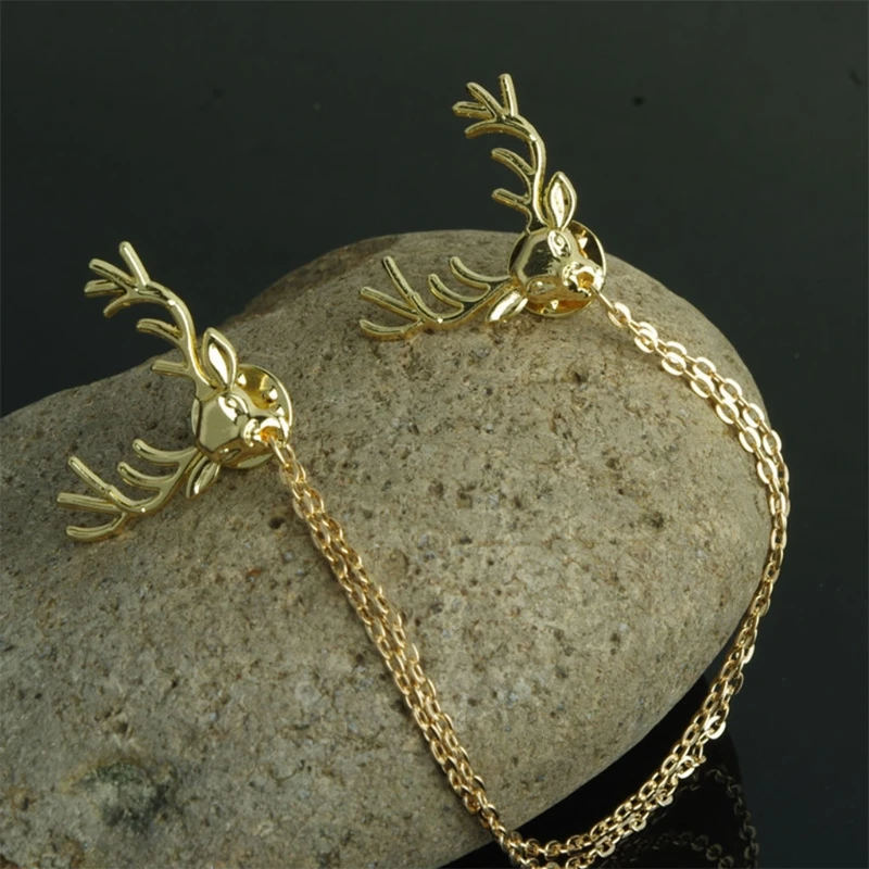 F42F Deer Brooch Pin for Men Women Suit Vintage Shirt Collar Chain Brooches Elk Antler Lapel Pin Decoration