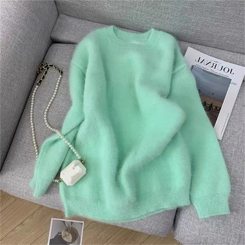 Elegant Women O Neck Soft Mohair Knitted Mint Green Sweaters Chic Autumn Winter Fashion Long Sleeve Warm Loose Female Pullovers