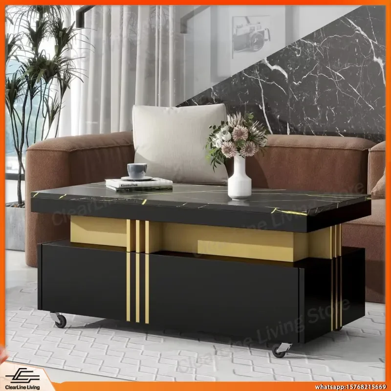 Modern Rectangle Coffee Table with Faux Marble Top and Casters Wheels for Living Room Bedroom Office Small Space Minimalist