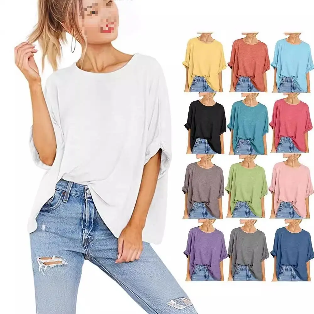 

aron Colored Women's SVE T-irt Top round Ne ort Sve Pure Color Faionable Ladies' Tee Five-Quarter Length Sve