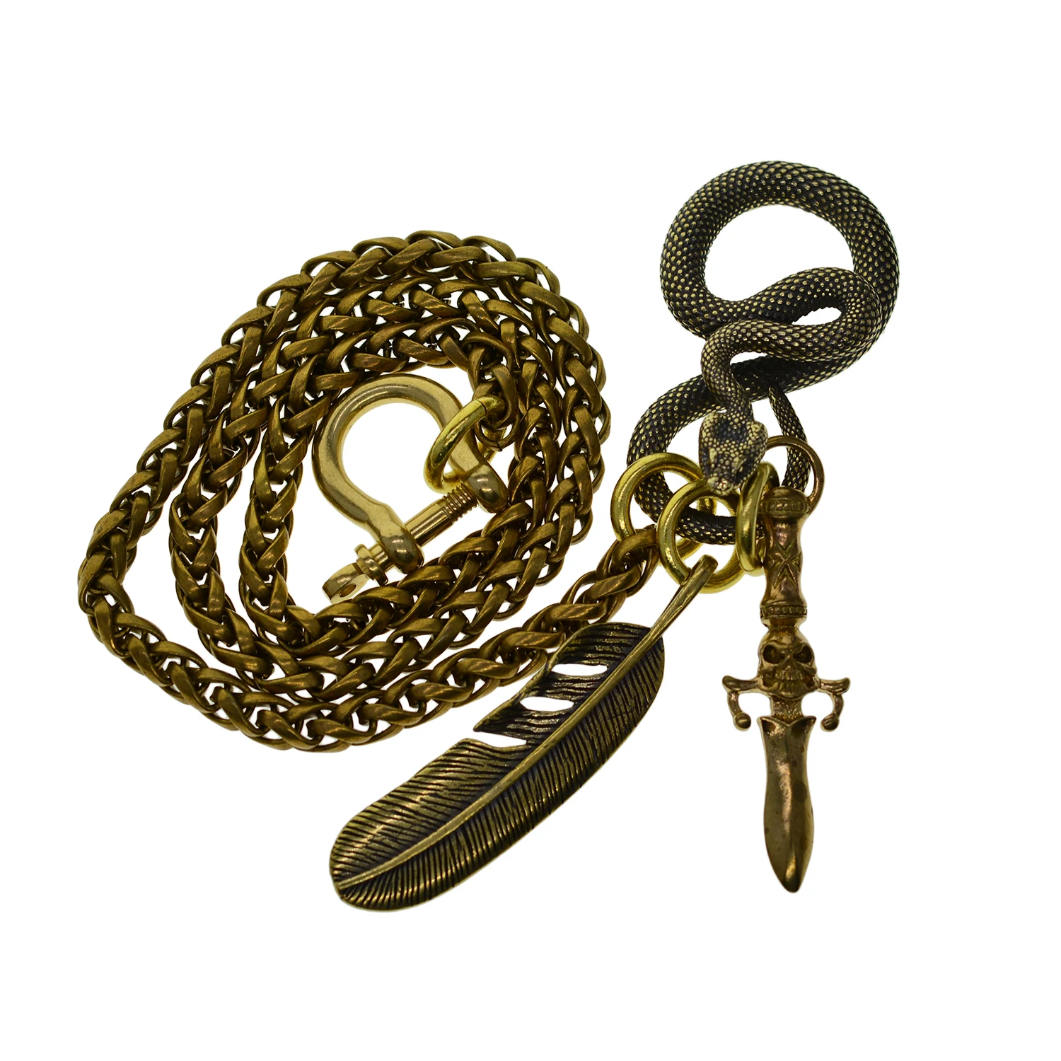 

Chunky brass new design snake hook snake chain Biker jean keychain skull dagger feather charms shackle