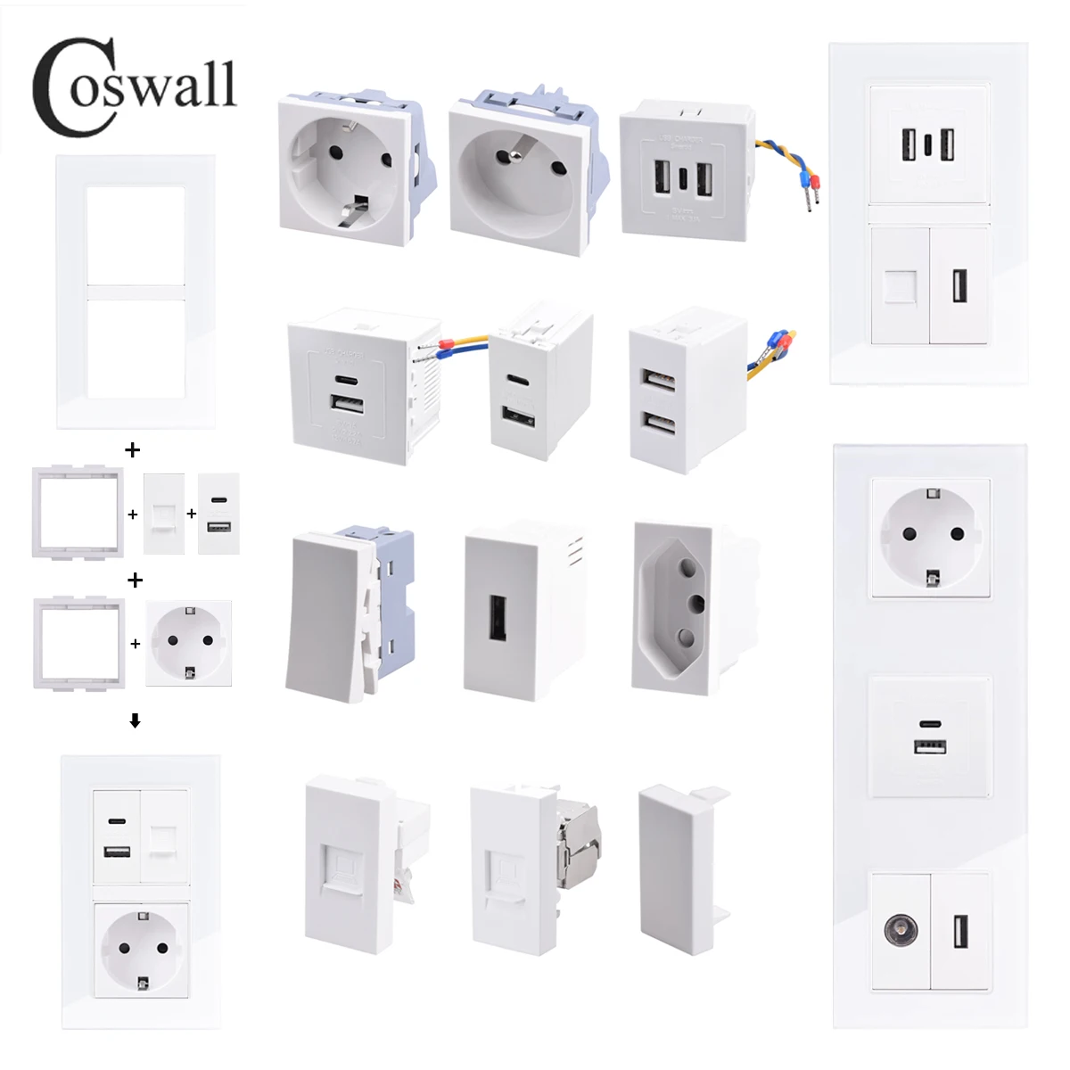 Coswall Vertical Glass Panel Wall EU French Socket + TV CAT6 Internet Jack, HDMI-compatible 2.0 & USB 3.0 Connector DIY Module