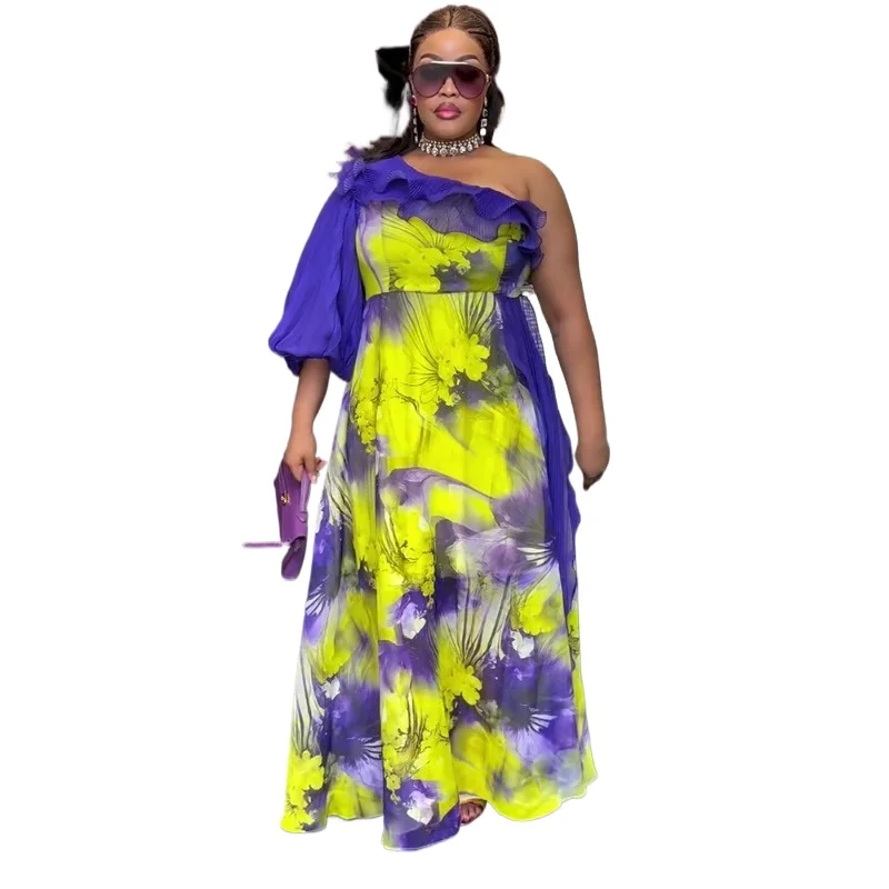 

Elegant African Dresses for Women One Shoulder Evening Party Long Dress Plus Size Turkey Muslim Print Chiffon Maxi Robe 2026
