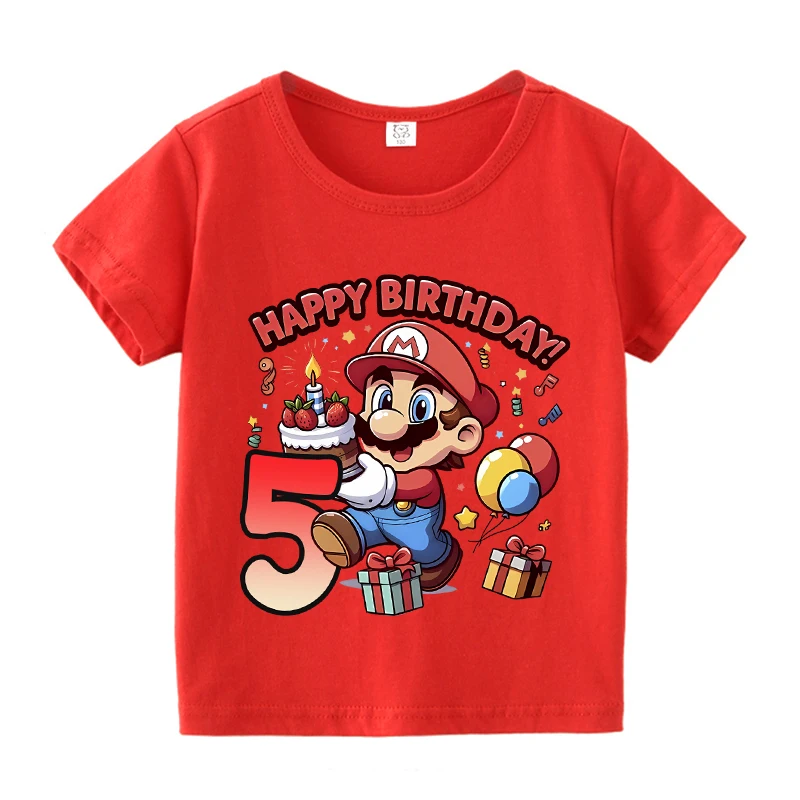 سوبر ماريوس بروس الاطفال عيد ميلاد القطن تي شيرت الصبي عدد قصيرة الأكمام المحملة أنيمي ملابس الأطفال الكرتون طفل الصيف قمم