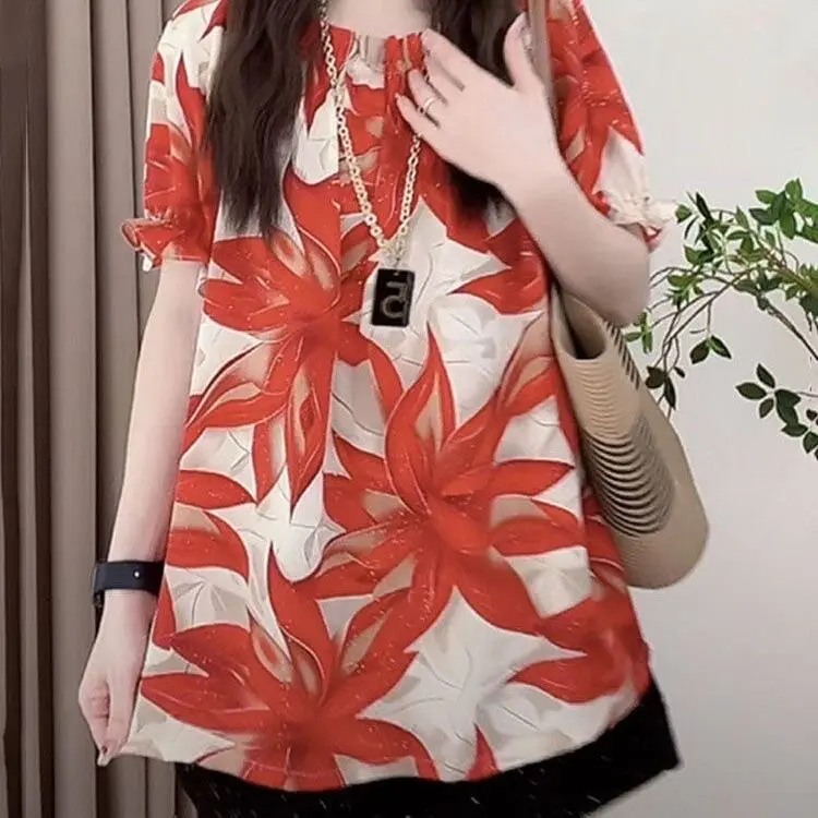 

Новая летняя футболка с цветочным принтом, универсальная, большого размера, в стиле «Лили», с коротким рукавом, омолаживающая, корейский свободный крой, полиэстер