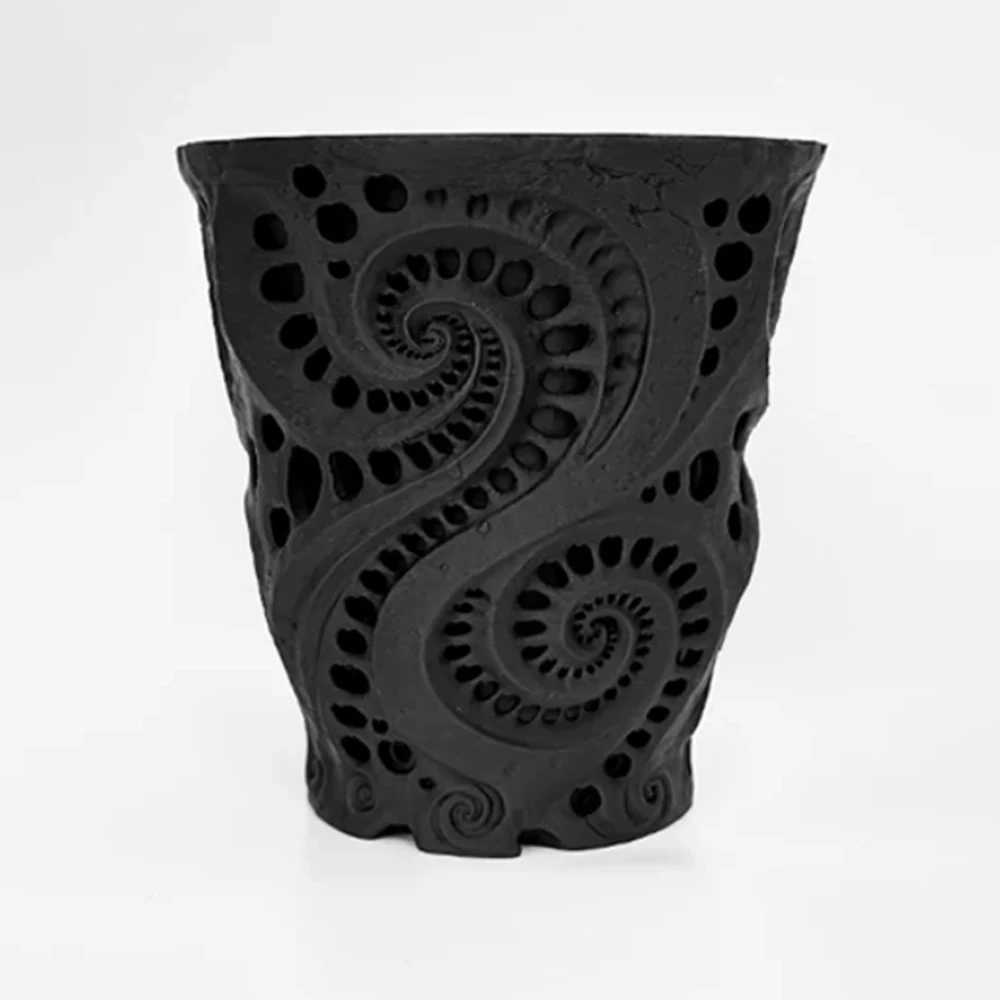 Resin Planter Pot, Matte Black Cylindrical Flower Vase with Spiral Hollow Relief