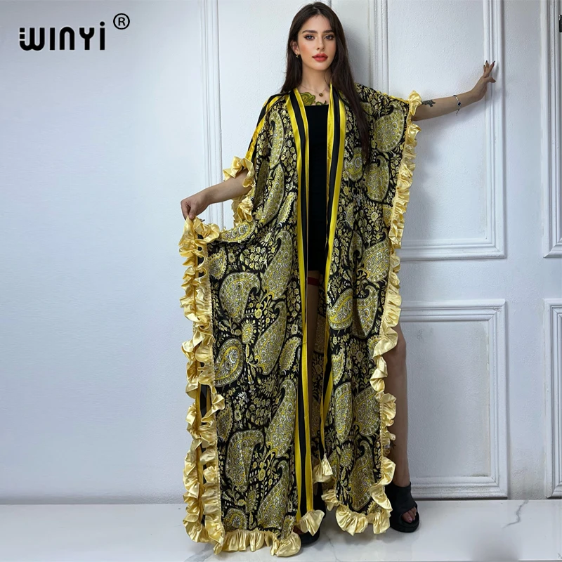 WINYI summer kimono boho print bohemian kaftans beach outfits for women Elegant lace cardigan beach wear women evening dress