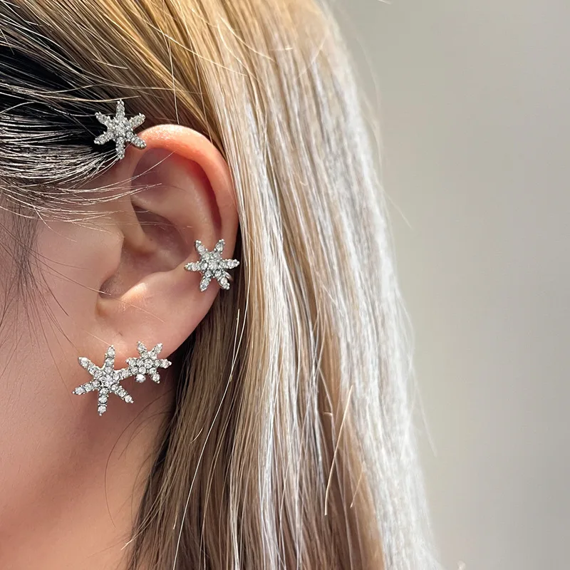 

Niche design snowflake ear hanging hexagram integrated earrings, 1 high-end ear bone clip earring.