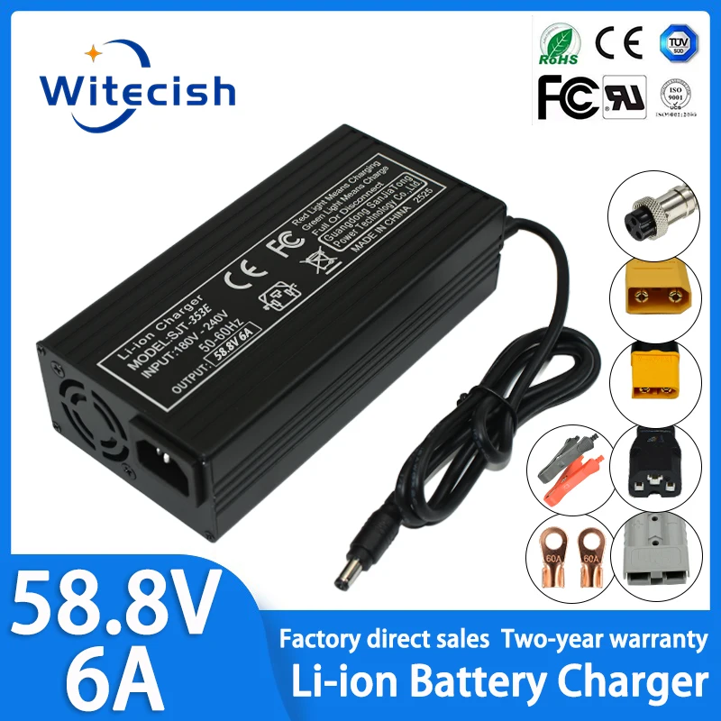

DC 58.8V 4A 6A Smart Fast Lithium Battery Charger 14Series For 51.8V 52V polymer Li-ion Battery Charger GX16/XLR/IEC connectors