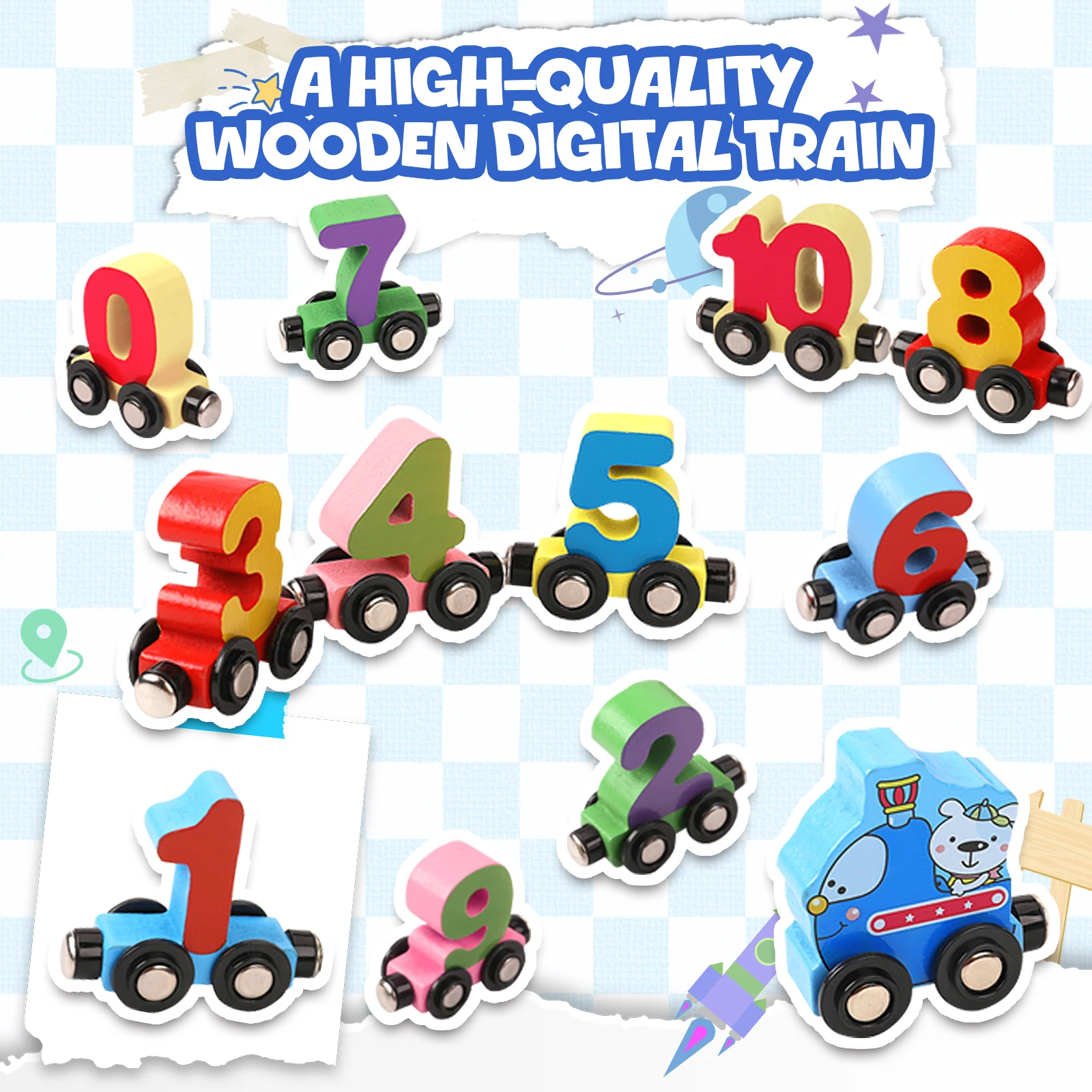 12PCS/Sets Magnetic Digital Train Colorful Cognition Wooden Toy Learning Car Montessori Children's Assembly Educational Toys