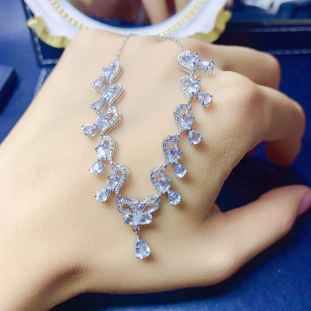 Fashion Necklace Ladies Silver 925 Jewelry Drop shaped natural aquamarine pendant Neckpiece Engagement wholesale luxury jewelry