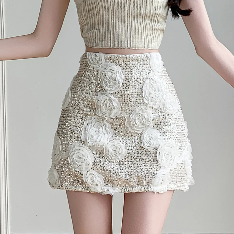 

Three-dimensional Flowers Sequins Mini Skirt Women Fashion Skort High Waist Sexy Skirt with Shorts