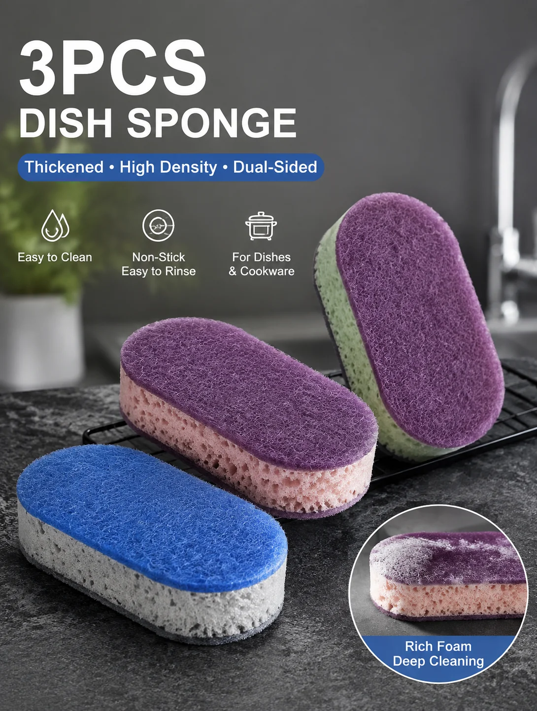 3 Pack Thick High Density Dish Scrubber Sponge Multi Color Oil Resistant Kitchen Cleaning Scourer Pan Brush
