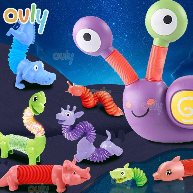 Luminous Toy Pop Tube Dog Snail Shark Sensory Push Bubble Ball Decompression Pipe Anti-stress Fidget Autism ADHD Anxiety Bellows