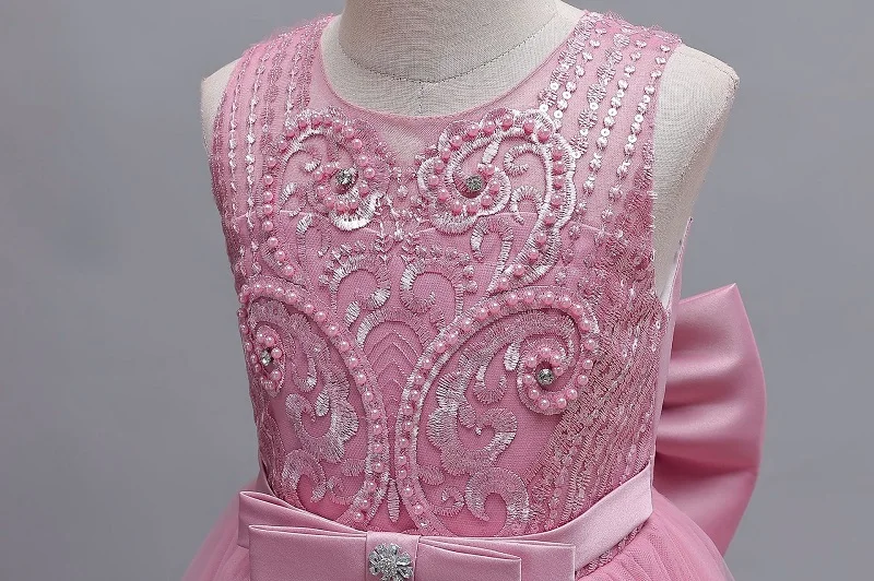 Kinderkleid für 3-12 Jahre, besticktes Spitzenkleid mit Schleife, Hochzeitskleid, Mädchen-Prinzessinnenkleid für Geburtstagsfeier, Abendkleid – Detail 7