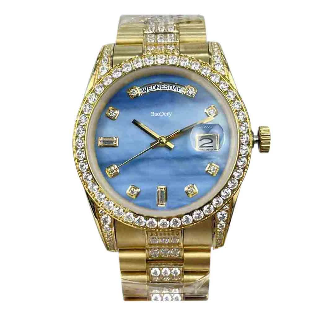 

Luxurious 36mm women's watch with mechanical movement, serrated diamond bezel and calendar window，for Lady's best gifts for