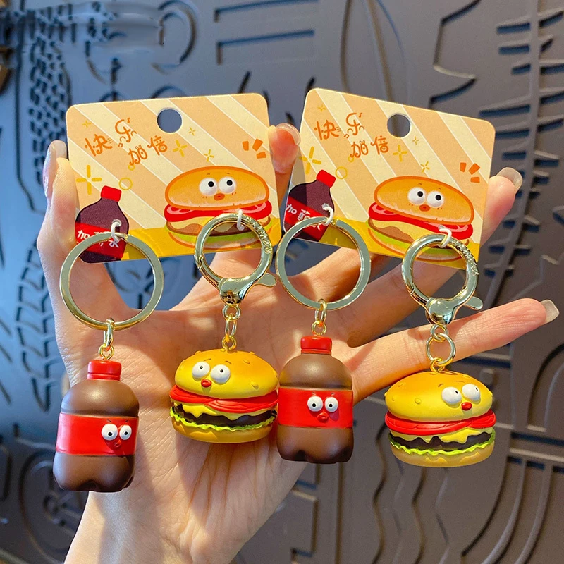 1 Pair Funny Burger Coke Fried Chicken Beer Key Chains Couple Resin Key Rings Christmas Gift Car Keychains for Lovers Friends