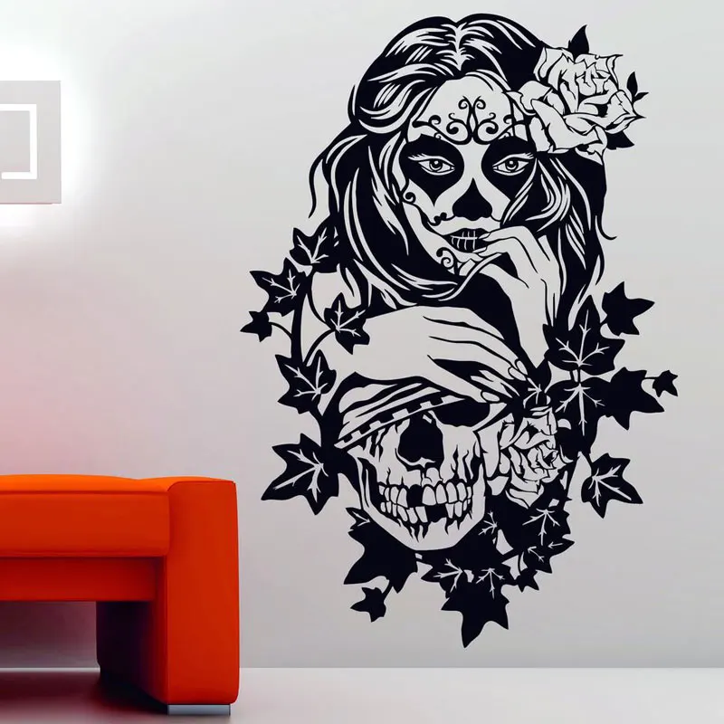 Candy Sugar Skull Floral Girl Tattoo Studio Wall Sticker Day Of The Dead Art Decals Vinyl Window Decor Room Mural Wallpaper 4732