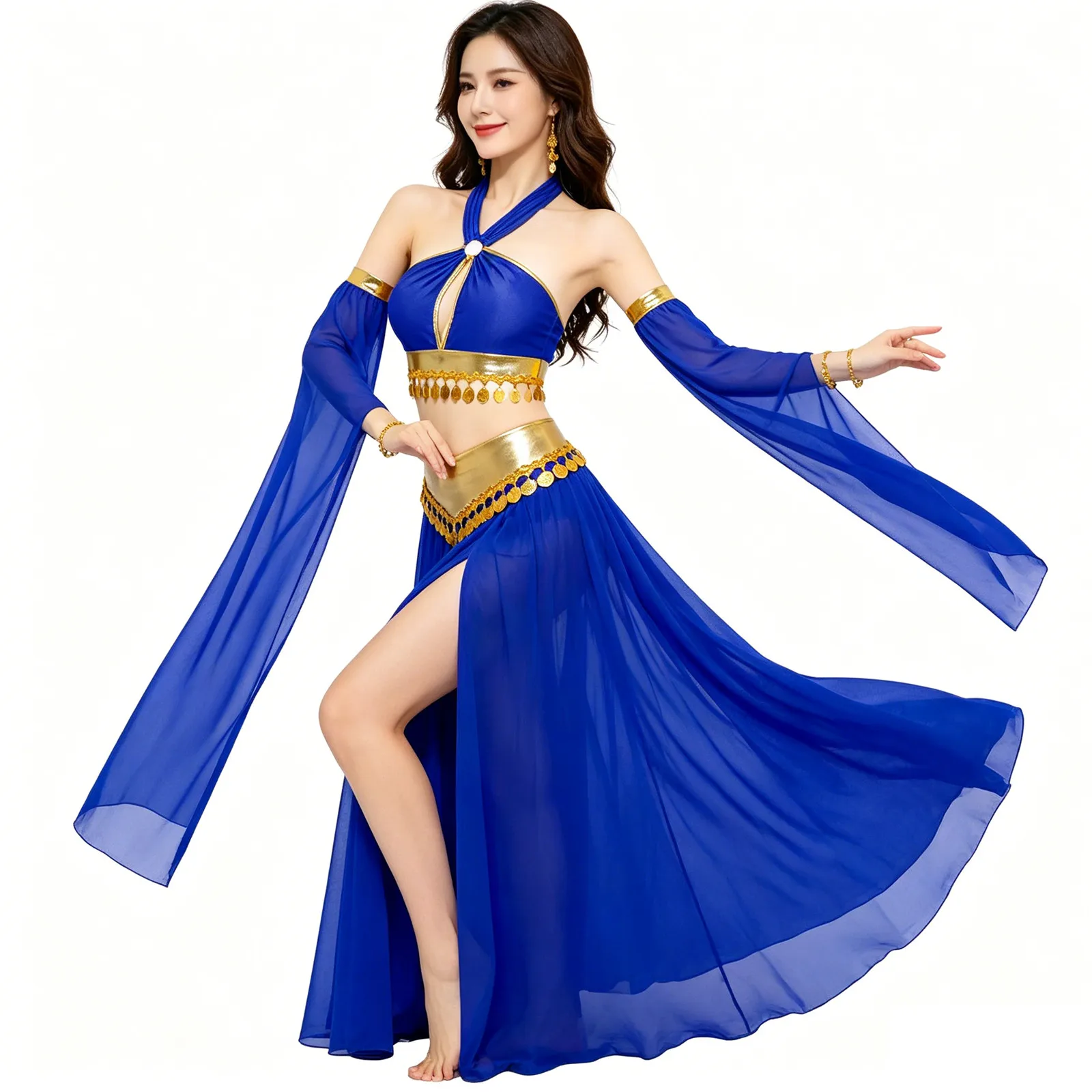 

Womens Arabic Oriental Indian Belly Dance Performance Costume Sequins Hem Crop Top with Built-In Briefs Side Slit Chiffon Skirt