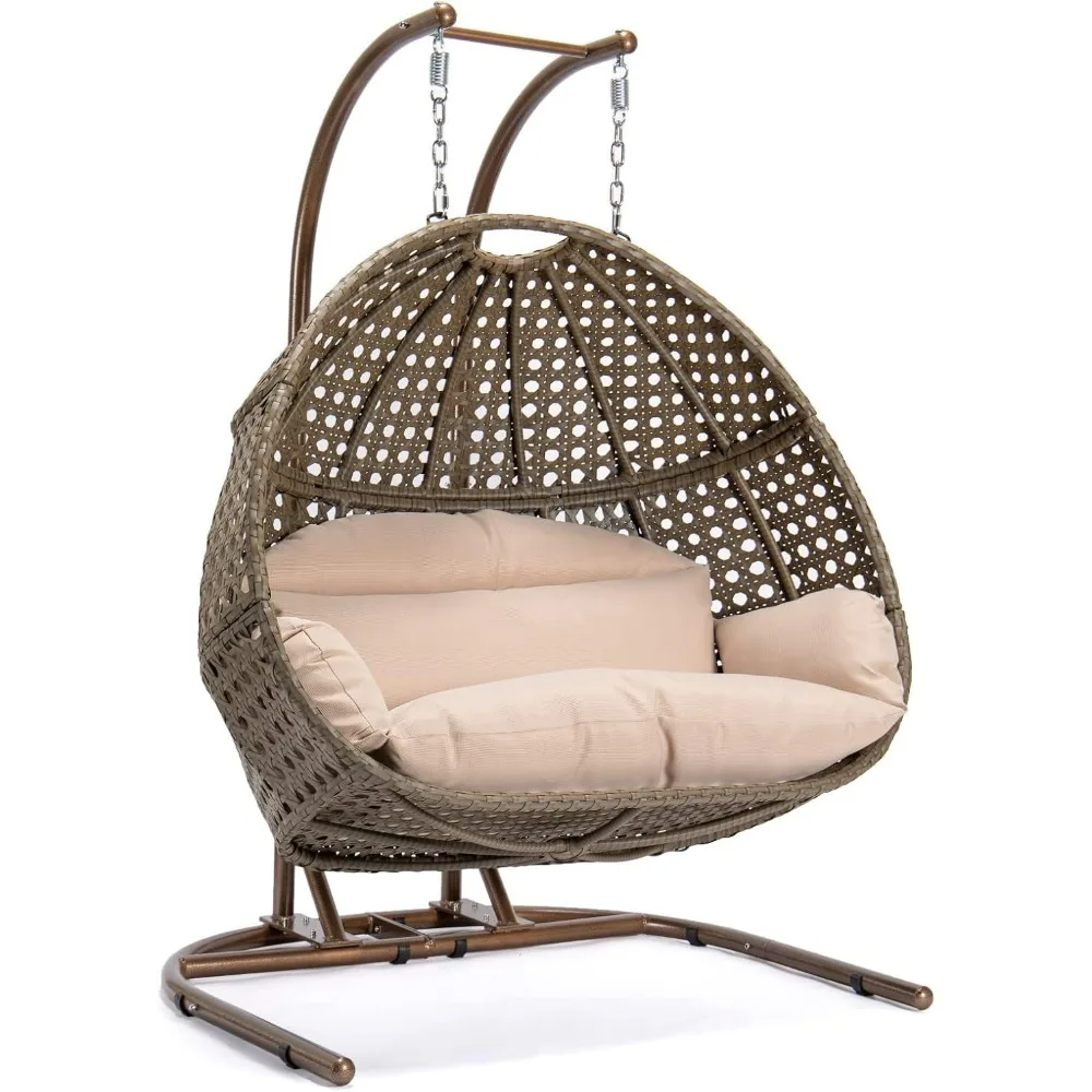 Brown Wicker Hanging Double Seat Swing Chair with Stand w,Beige Cushion PI434, Beige+brown