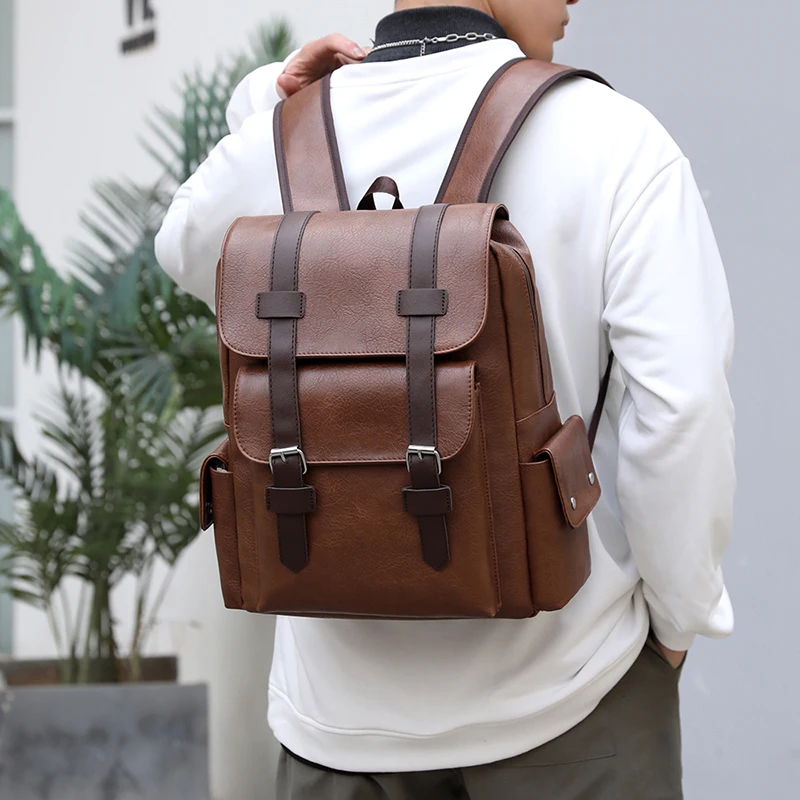 2023 männer Rucksack PU Leder Rucksack Große Laptop Rucksäcke Männlichen Mochilas Schwarz Schulranzen Für Jugendliche Jungen Braun Sac A Dos – Detail 15